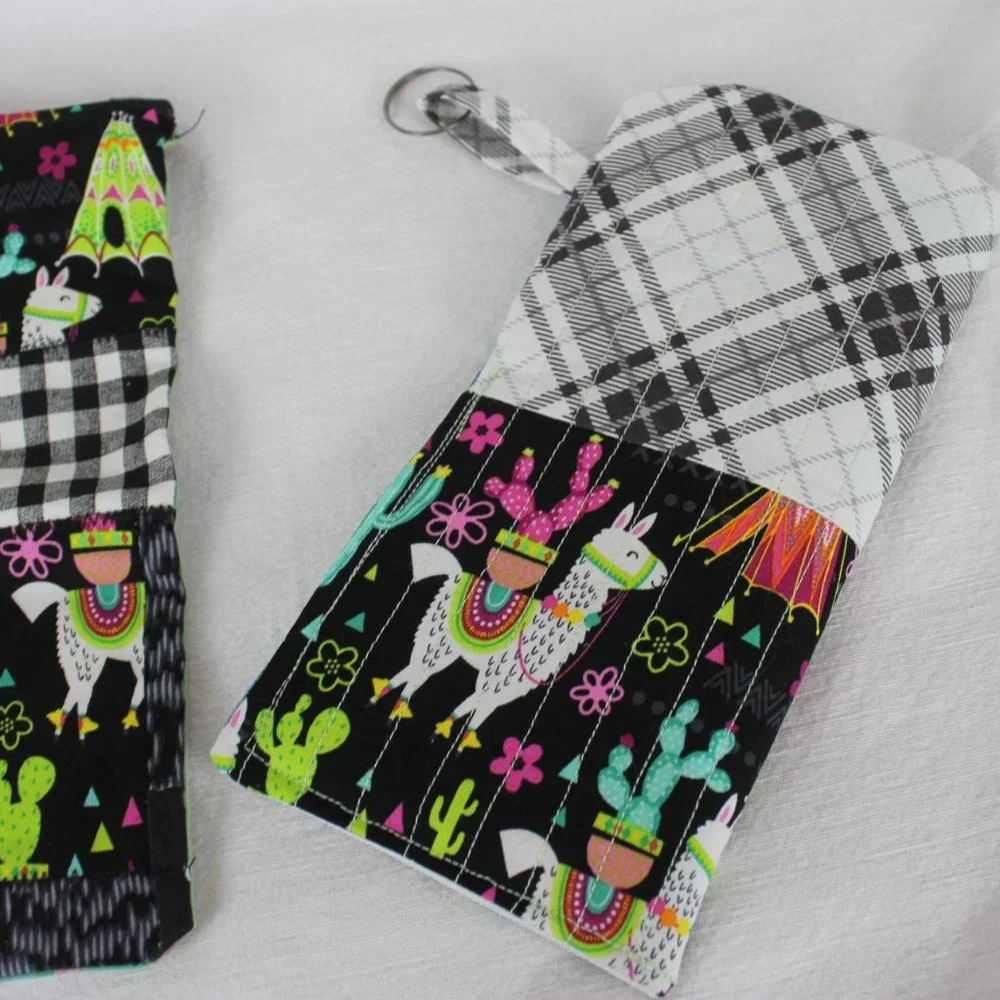 Llama Black & Green Print Zippered Pouch and Sunglass Case-Matching Set-Handmade